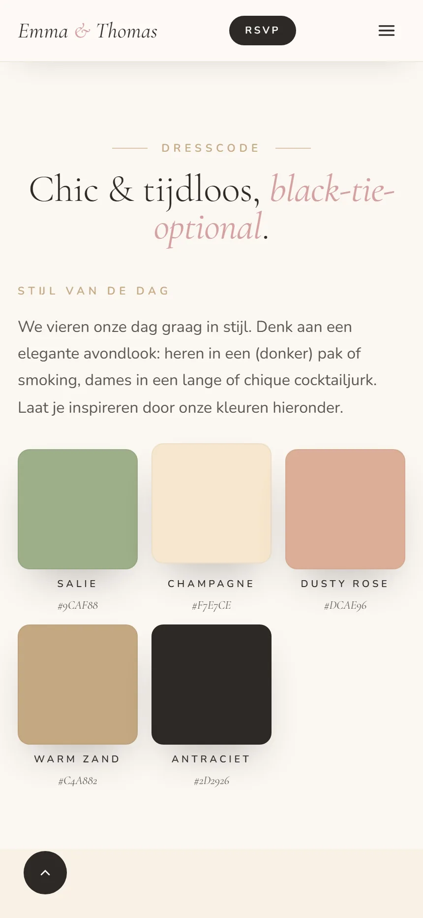 Dresscode met kleurenpalet op de trouwwebsite